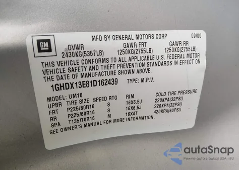 2001 Oldsmobile Silhouette Premiere from USA, damaged, VIN 1GHDX13E81D162439